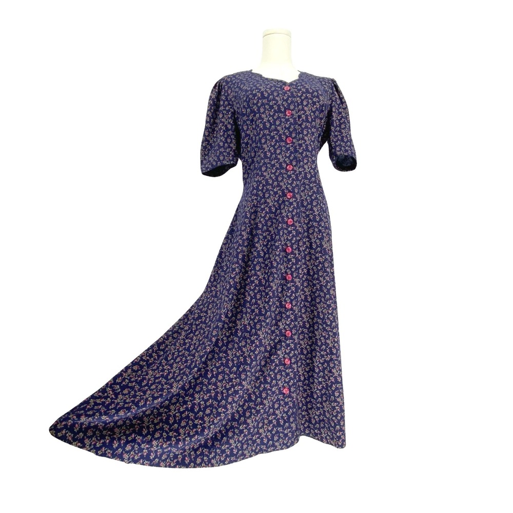 Vintage Navy Blue Pink Floral Midi Dress S Cottage Prairie Button Puff Sleeve - Picture 1 of 15